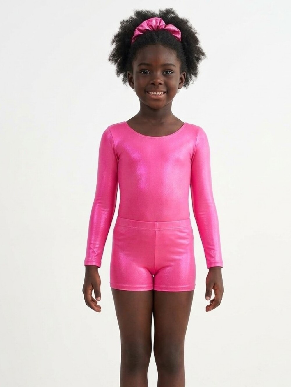 💬🔥NWT Sparkling Pink Long Sleeve Unitard, Shorts, & Scrunchie Set Medium